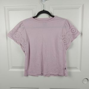 Gap Women's Small Pink Cotton Blend Crewneck Lace Sleeve Blouse Tee Shirt
